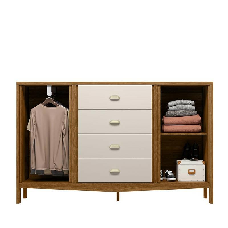 Cômoda Grande 4 Gavetas 2 Portas e Cabideiro Prisma Lukaliam Freijo/Off White