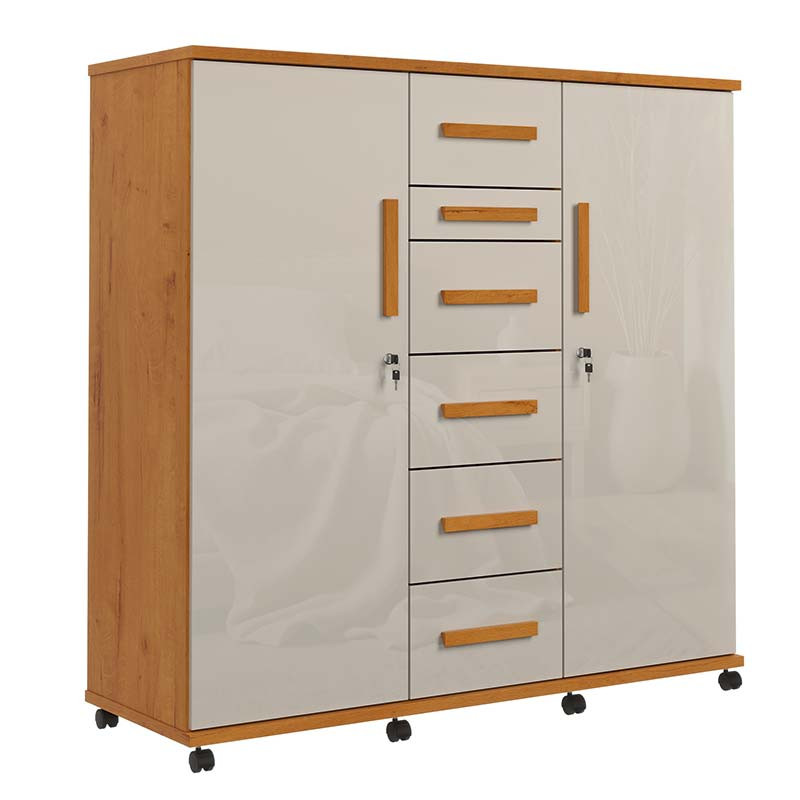 Cômoda Roupeiro Grande 6 Gavetas 2 Portas Espelho Roma Lukaliam Cinamomo/Off White