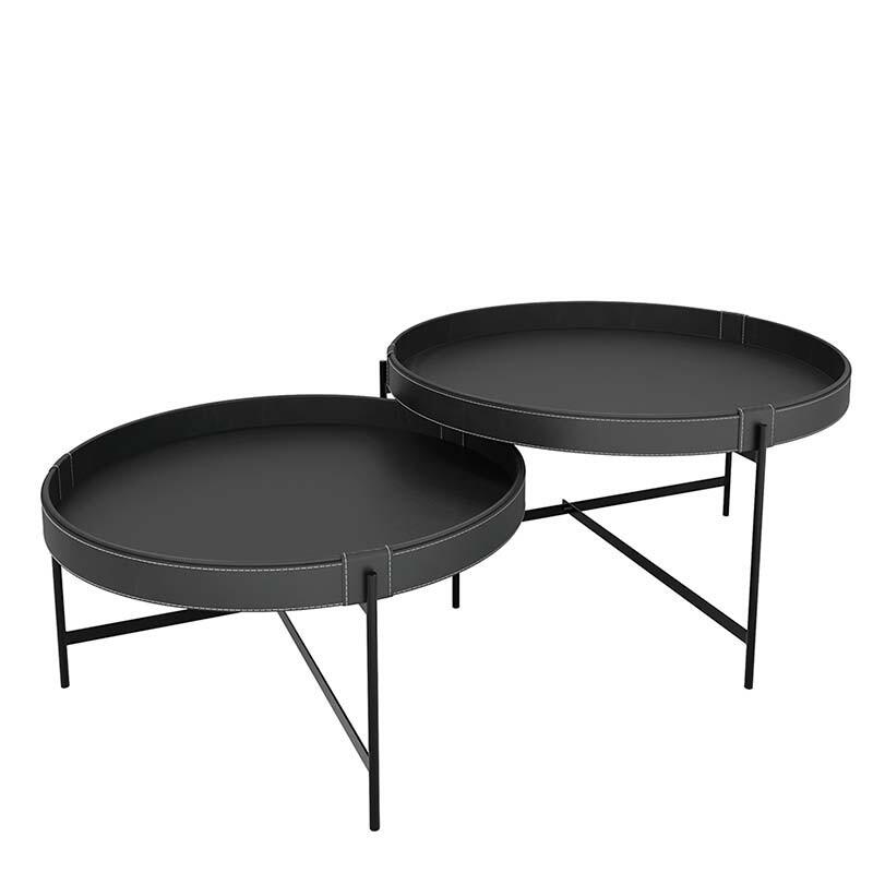 Conjunto 2 Mesas de Centro Redonda Couro Sintético Decor Patrimar Preto