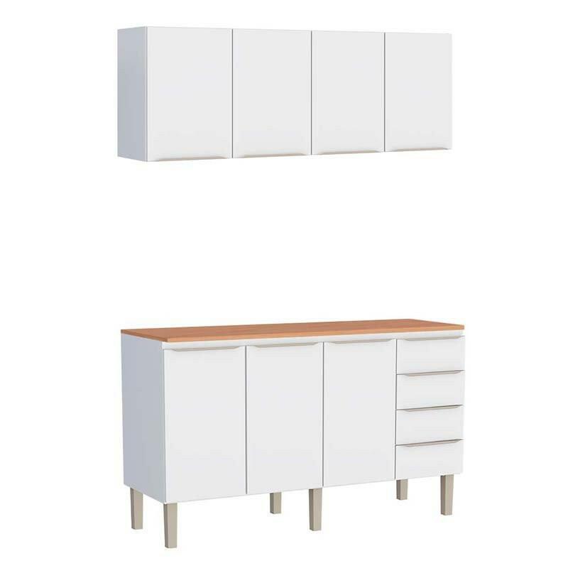 Cozinha Completa Aço Balcão com Tampo Jequitibá e Armário Aéreo 160 Flora Cozimax Branco