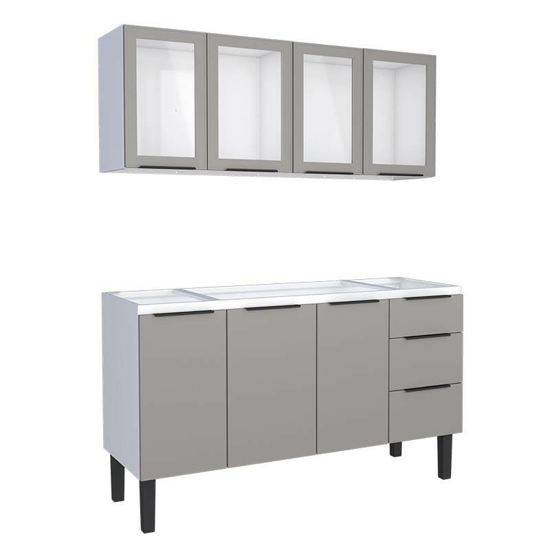 Cozinha Completa Gabinete Para Pia 150cm e Armário Aéreo Portas Vidro Júpiter Cozimax Cinza Argila