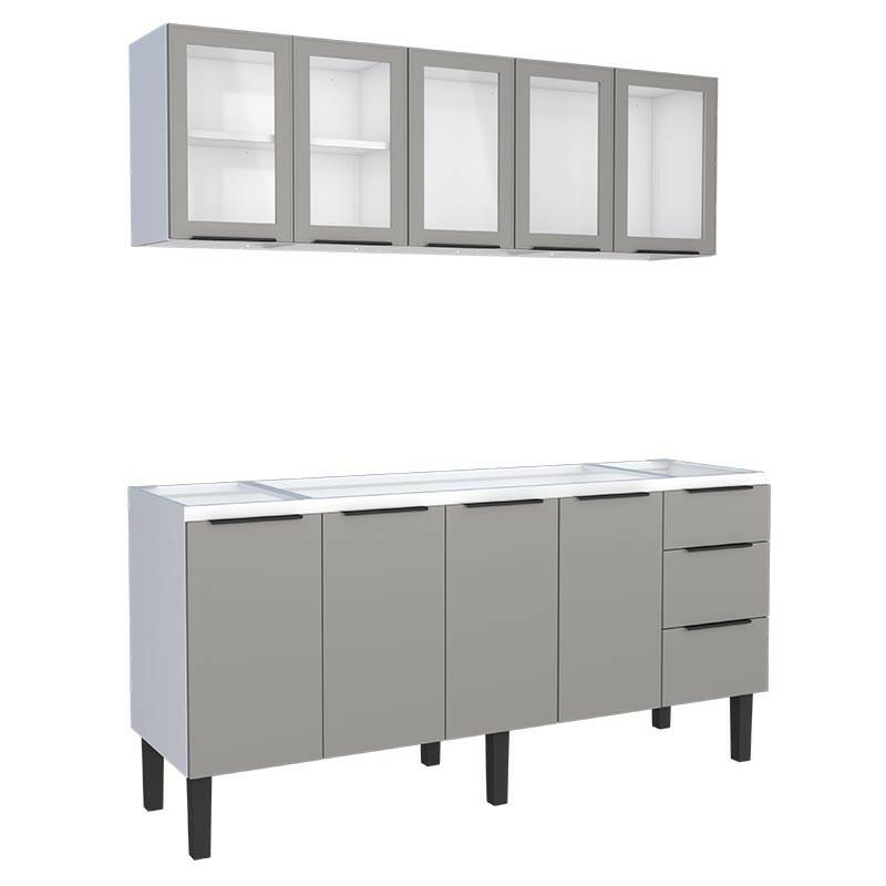 Cozinha Completa Gabinete Para Pia 180cm e Armário Aéreo Portas Vidro Júpiter Cozimax Cinza Argila