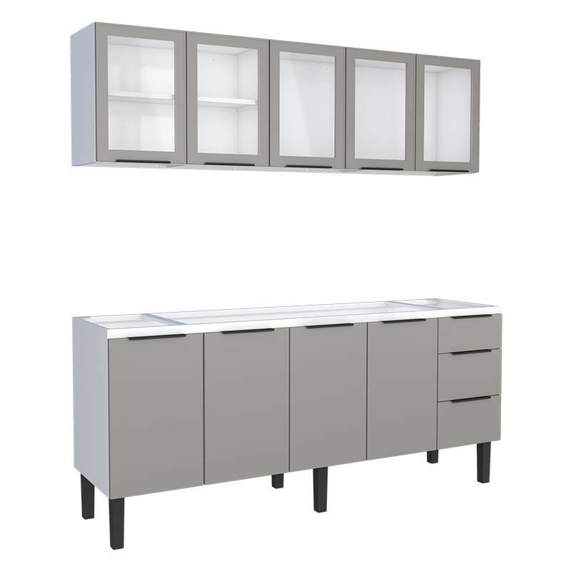 Cozinha Completa Gabinete Para Pia 200cm e Armário Aéreo Portas Vidro Júpiter Cozimax Cinza Argila