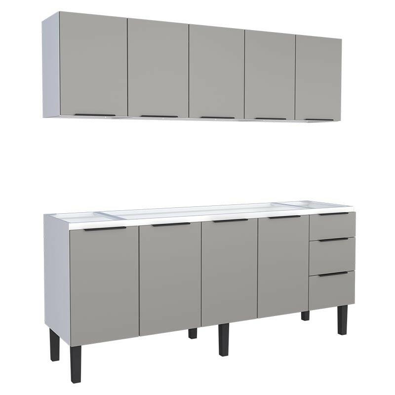 Cozinha Completa Gabinete Para Pia 200cm e Armário Aéreo Júpiter Cozimax Cinza Argila