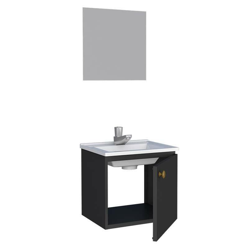 Conjunto Gabinete Para Banheiro Aço com Espelho Amêndoa 40 Cozimax Preto