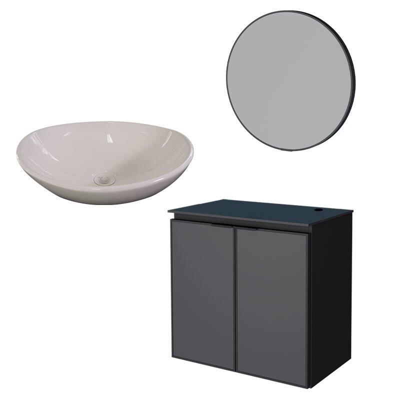Conjunto Banheiro Aço Gabinete Umbu 60 Com Cuba Bali Branca Espelho Luna Cozimax Preto