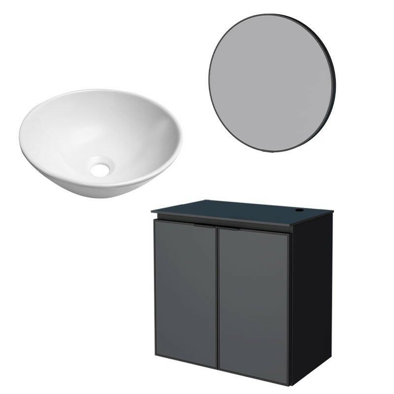 Conjunto Banheiro Aço Gabinete Umbu 60 Com Cuba Cuia Branca Espelho Luna Cozimax Preto
