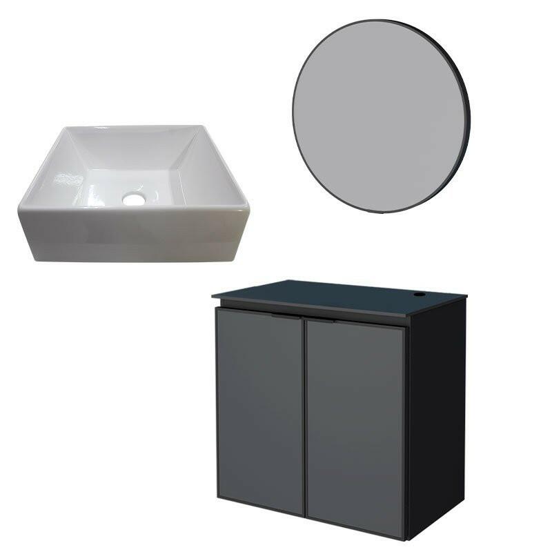 Conjunto Banheiro Aço Gabinete Umbu 60 Preto Com Cuba Prisma e Espelho Luna Cozimax