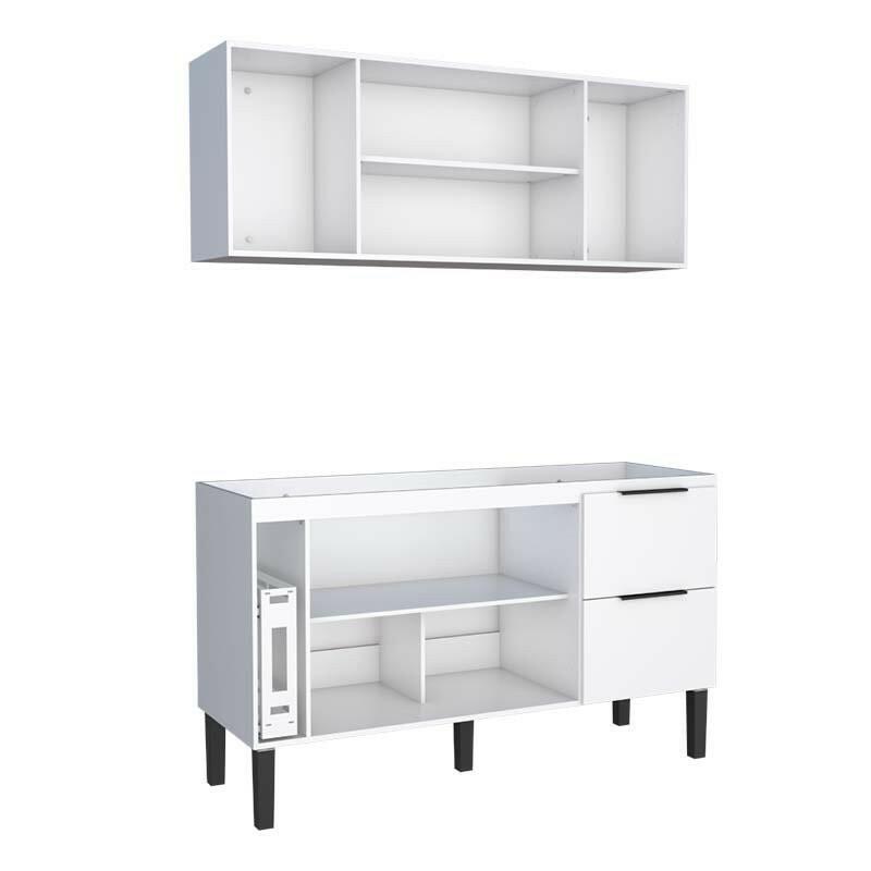 Cozinha Completa de Madeira Gabinete Para Pia 150cm e Armário Aéreo Cisne Cozimax Branco