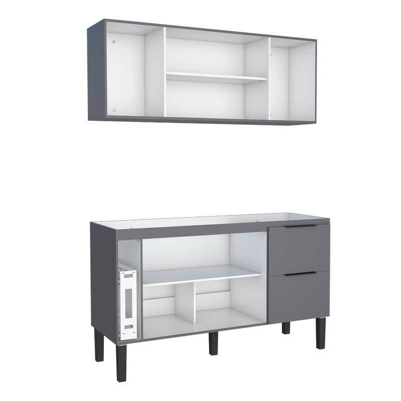 Cozinha Completa de Madeira Gabinete Para Pia 150cm e Armário Aéreo Cisne Cozimax Cinza