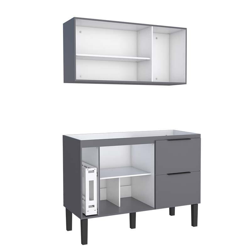 Cozinha Completa de Madeira Gabinete Para Pia 120cm e Armário Aéreo Cisne Cozimax Cinza