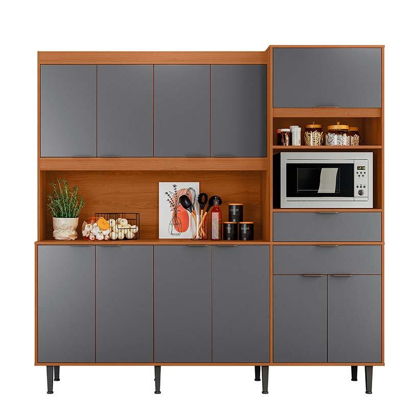 Cozinha Completa 200x200cm 11 Portas 2 Gavetas Bahamas Lukaliam Jequitiba/Cinza