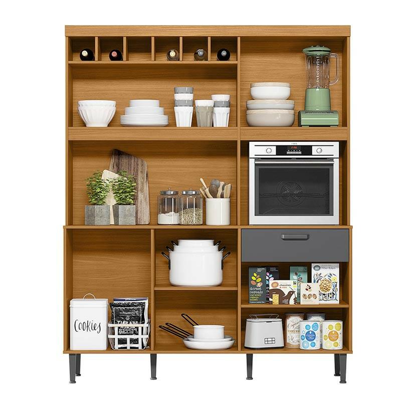 Cozinha Completa 160cm Adega 6 Portas 1 Gaveta Dakota Lukaliam Tauari/Cinza