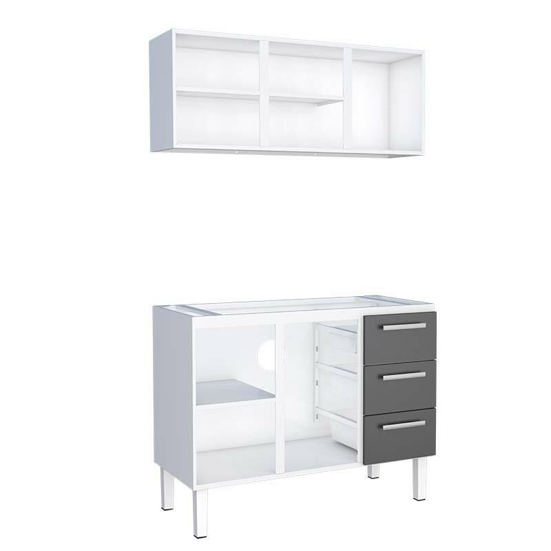 Cozinha de Aço Gabinete Para Pia 120cm com Armário Aéreo Vênus Cozimax Branco/Preto