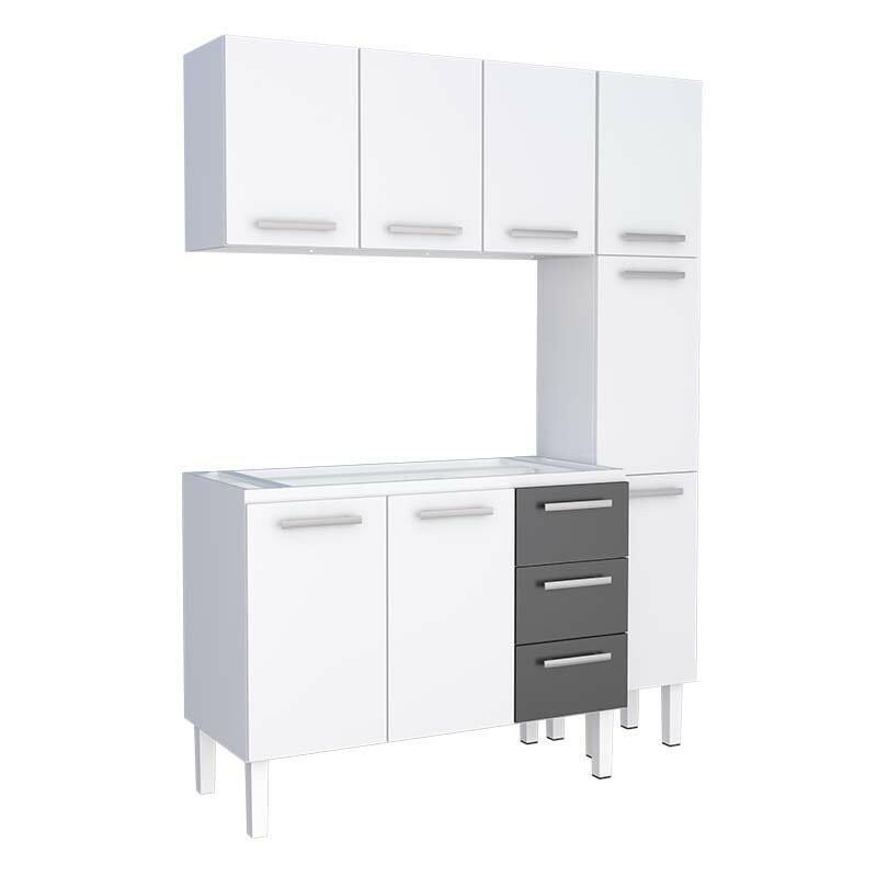 Cozinha Completa de Aço Gabinete Para Pia 140cm com Aéreo e Paneleiro Vênus Cozimax Branco/Preto