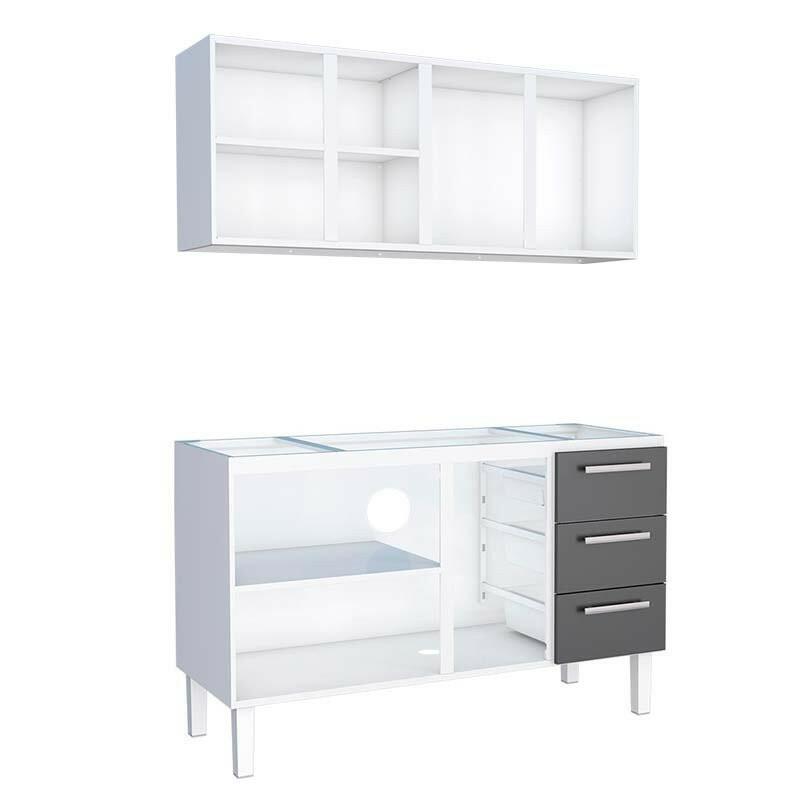 Cozinha de Aço Gabinete Para Pia 140cm com Armário Aéreo Vênus Cozimax Branco/Preto