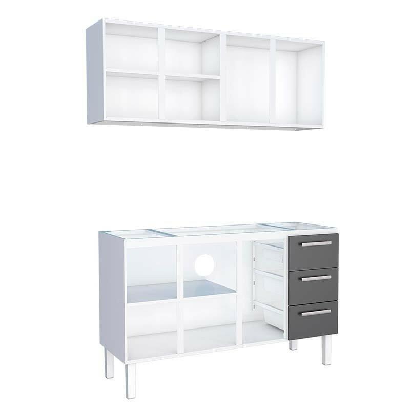 Cozinha de Aço Gabinete Para Pia 150cm com Armário Aéreo Vênus Cozimax Branco/Preto