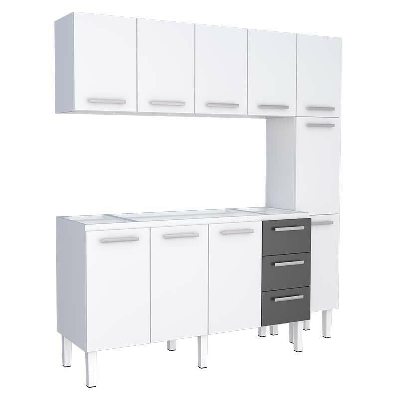Cozinha Completa de Aço Gabinete Para Pia 160cm com Aéreo e Paneleiro Vênus Cozimax Branco/Preto
