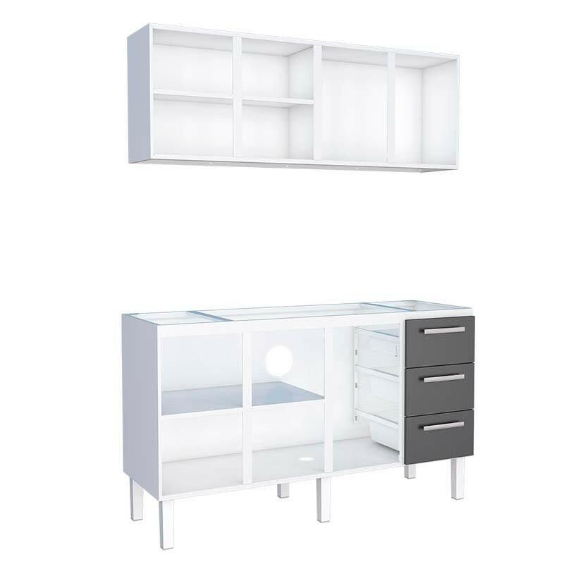 Cozinha de Aço Gabinete Para Pia 160cm com Armário Aéreo Vênus Cozimax Branco/Preto