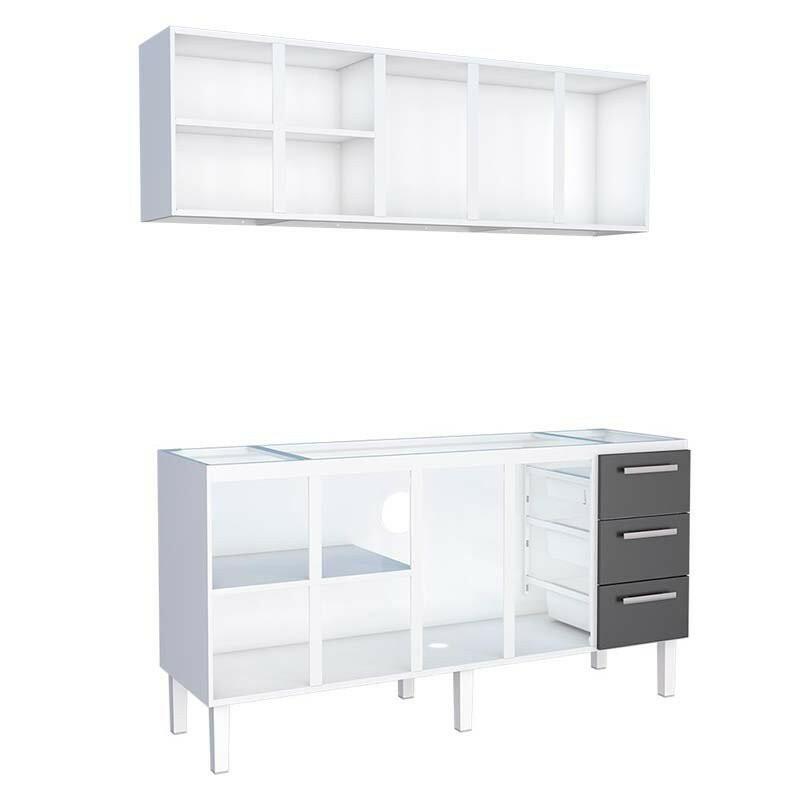 Cozinha de Aço Gabinete Para Pia 180cm com Armário Aéreo Vênus Cozimax Branco/Preto
