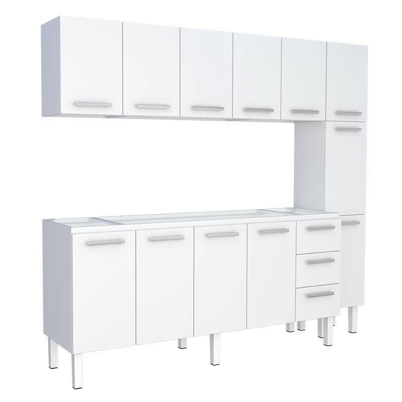 Cozinha Completa de Aço Gabinete Para Pia 200cm com Aéreo e Paneleiro Vênus Cozimax Branco