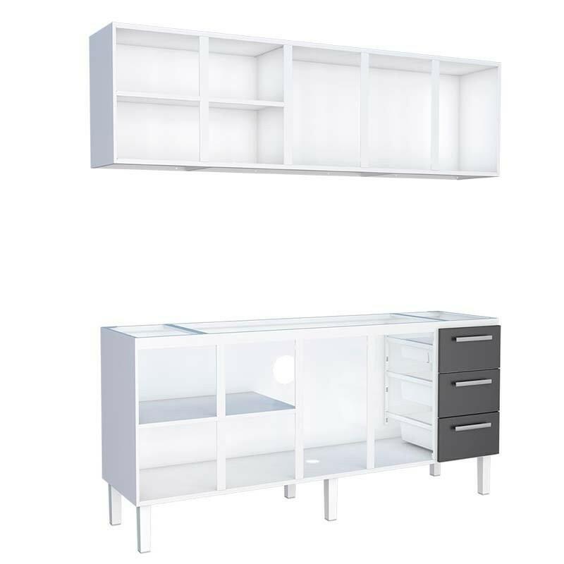 Cozinha de Aço Gabinete Para Pia 200cm com Armário Aéreo Vênus Cozimax Branco/Preto