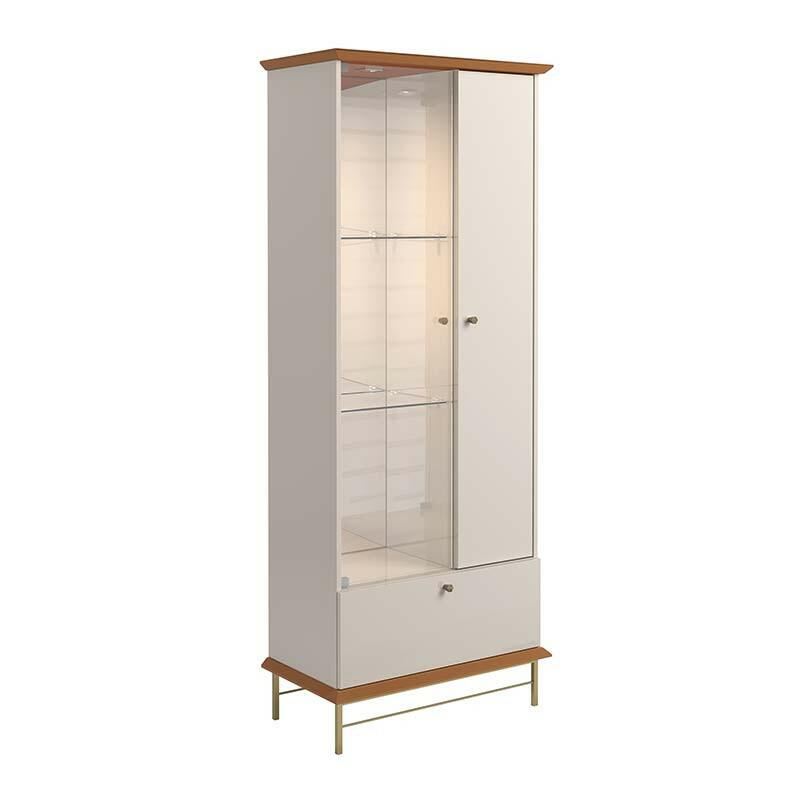 Cristaleira Com LED Vidro Espelho Pés de Aço 180x72cm Império Lukaliam Off White/Jequitiba