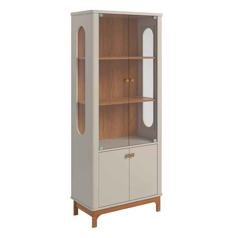 Cristaleira de Vidro e Madeira Sem Espelho 180x74cm Jade Lukaliam Off White/Jequitiba