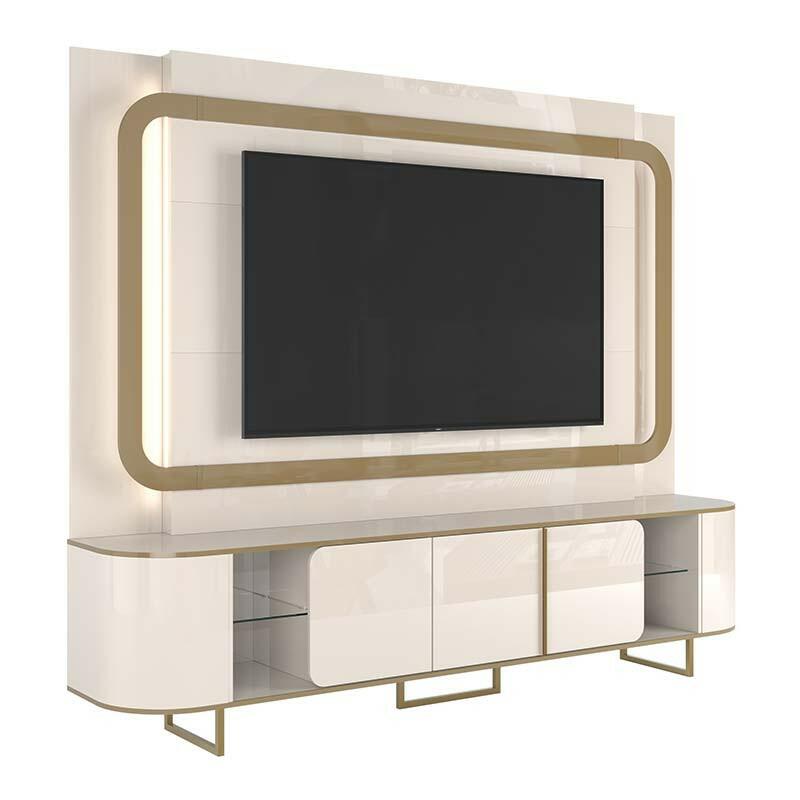 Estante Home Sala 240cm Para TV 75 Pol Atlanta Lukaliam Off White/Dourado