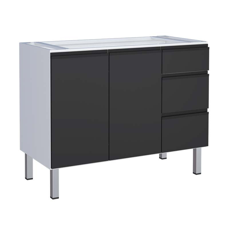 Gabinete de Aço Cozinha Para Pia 120cm 3 Gavetas 115x91x54cm Cozimax Gaia Preto