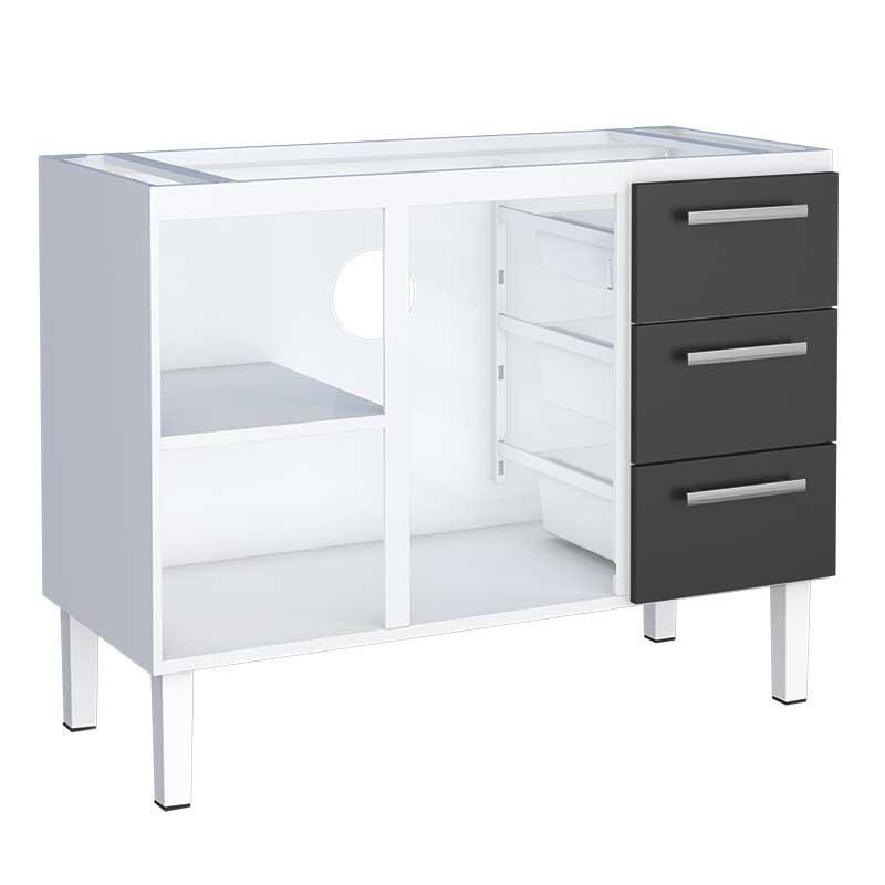 Gabinete de Aço Para Pia de 120cm 3 Gavetas  117x92x52cm Vênus Cozimax Branco/Preto