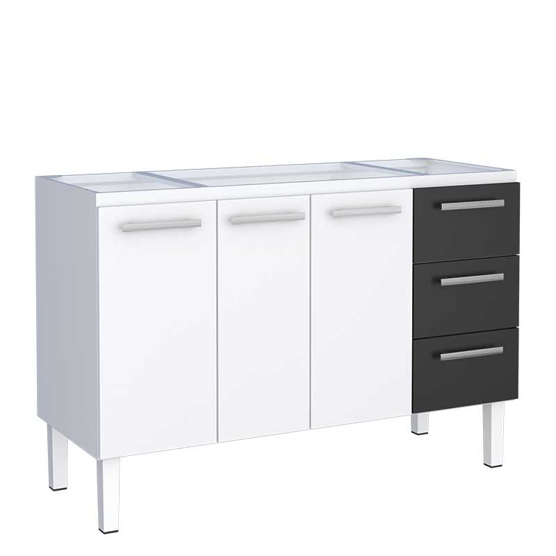 Gabinete de Aço Para Pia de 140cm 3 Gavetas 134x92x52cm Vênus Cozimax Branco/Preto