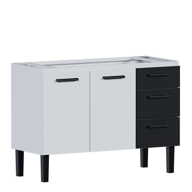 Gabinete de Aço Para Pia de 120cm 2 Portas 3 Gaveta 117x85x50cm Atena Cozimax Branco/Preto
