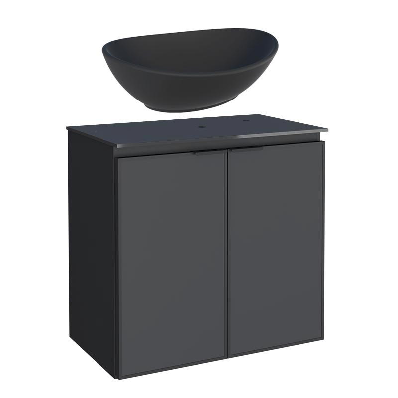 Gabinete Para Banheiro Aço 60x57x33cm Tampo Vidro Com Cuba Bali Preta Umbu Cozimax Preto