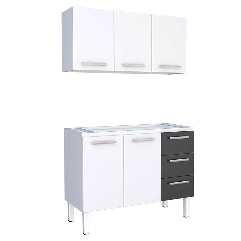 Cozinha de Aço Gabinete Para Pia 120cm com Armário Aéreo Vênus Cozimax Branco/Preto