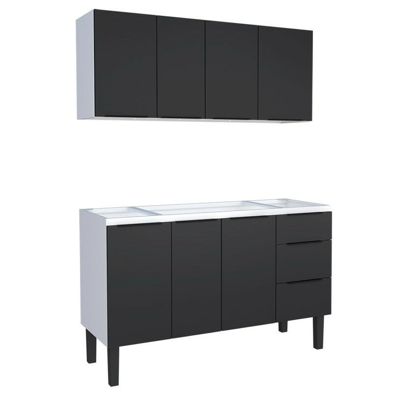 Cozinha Completa Gabinete Para Pia 140cm e Armário Aéreo Júpiter Cozimax Preto