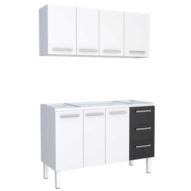 Cozinha de Aço Gabinete Para Pia 140cm com Armário Aéreo Vênus Cozimax Branco/Preto