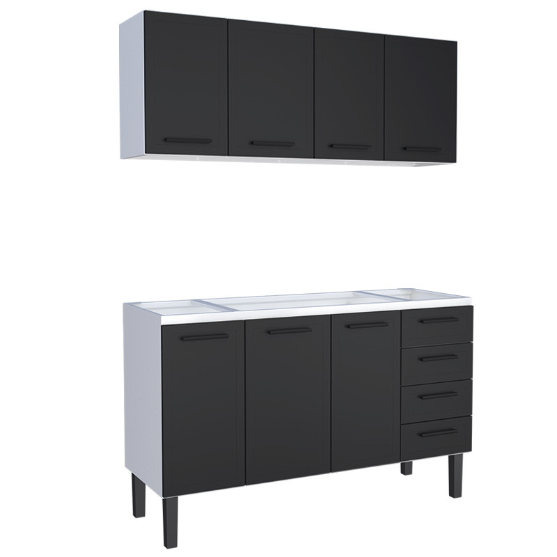 Cozinha Completa Gabinete Para Pia 150cm 4 Gavetas e Armário Aéreo Juno Cozimax Preto