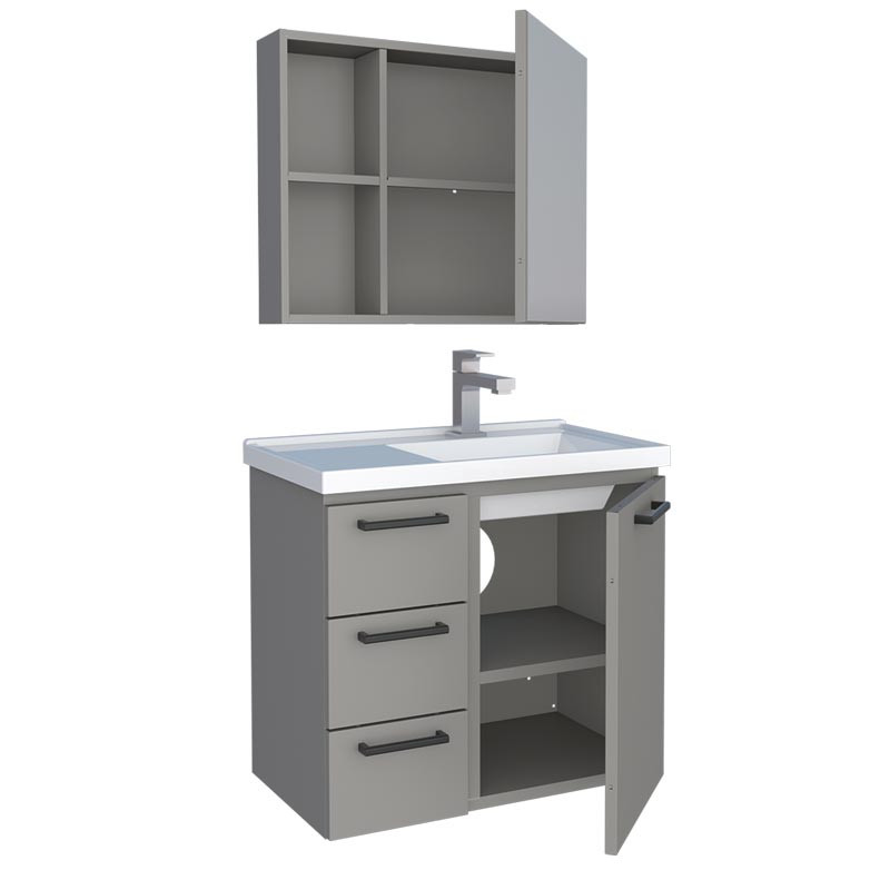 Conjunto Para Banheiro Aço Gabinete com Espelho Ameixa 60 Cozimax Cinza