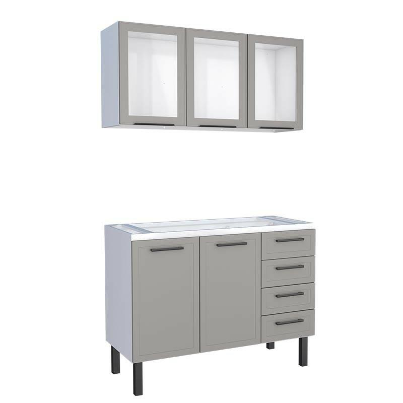 Cozinha Completa Gabinete Para Pia 120 e Armário Aéreo Porta Vidro Juno/Apolo 4 Gavetas Cozimax Cinza Argila