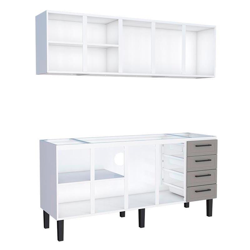Cozinha Completa Gabinete Para Pia 200 e Armário Aéreo Porta Vidro Juno/Apolo 4 Gavetas Cozimax Cinza Argila