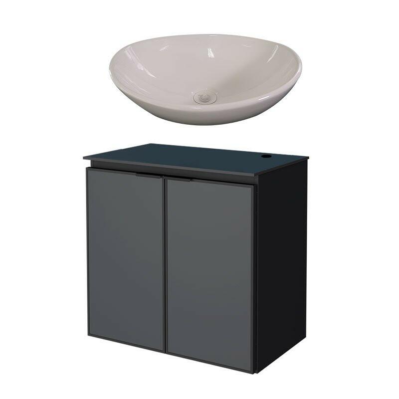Gabinete Para Banheiro Preto Aço Umbu Tampo Vidro Com Cuba Bali Branca Cozimax 