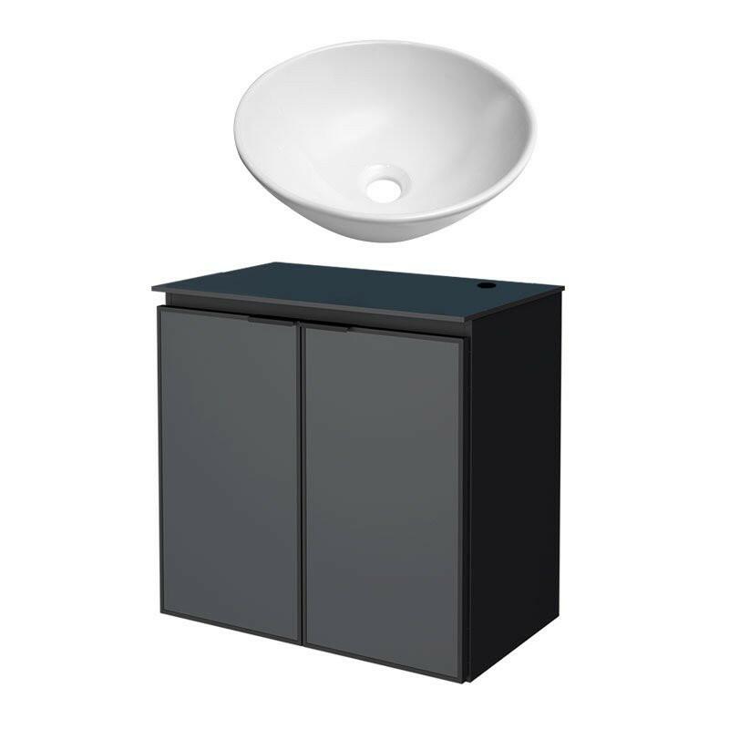 Gabinete Para Banheiro Preto Aço Umbu Tampo Vidro Com Cuba Cuia Branca Cozimax 