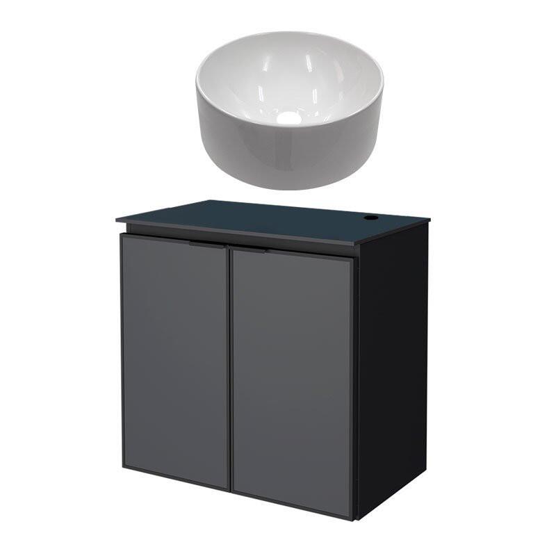 Gabinete Para Banheiro Preto Aço Umbu Tampo Vidro Com Cuba Domo Cozimax 