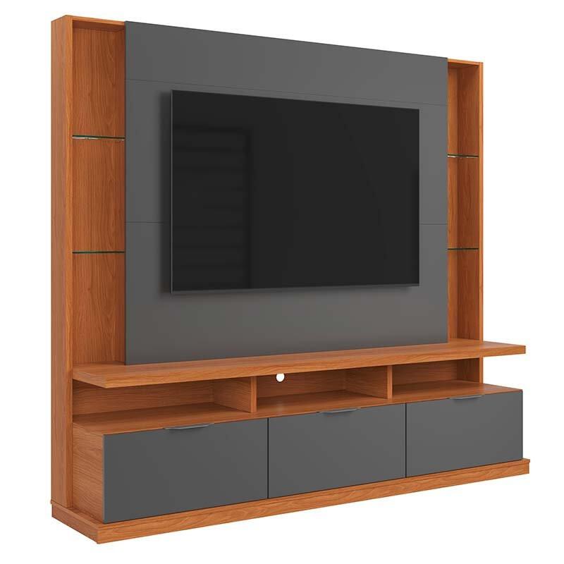 Estante Home Sala 207cm Para TV 70 Pol 3 Portas Bilbao Lukaliam Jequitiba/Cinza Perolizado