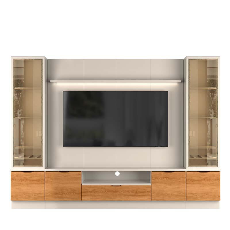 Estante Home + 2 Cristaleiras Sala 270cm Para TV 75 Pol Atenas Lukaliam Off White/Jequitiba
