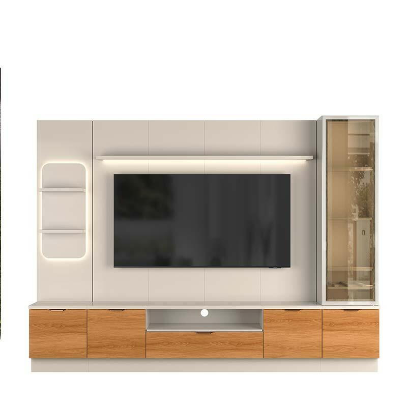 Estante Home Com Torre e Cristaleira 270cm TV 75 Pol Atenas Lukaliam Off White/Jequitiba