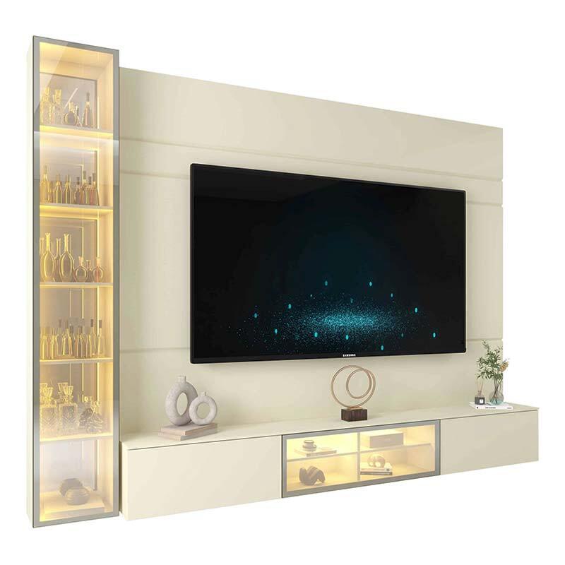 Home Com Cristaleira Para TV 85 Pol Com LED 255cm Luminare Gelius Off White