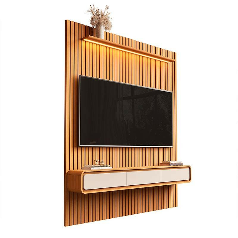 Home Painel Ripado TV 75 Com LED Sala 184cm Trevi 1.9 EDN Cedro/Cedro Off White