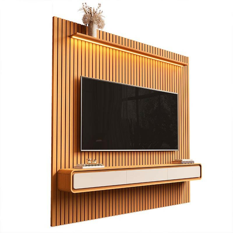 Home Painel Ripado TV 85 Com LED Sala 230cm Trevi 2.3 EDN Cedro/Cedro Off White